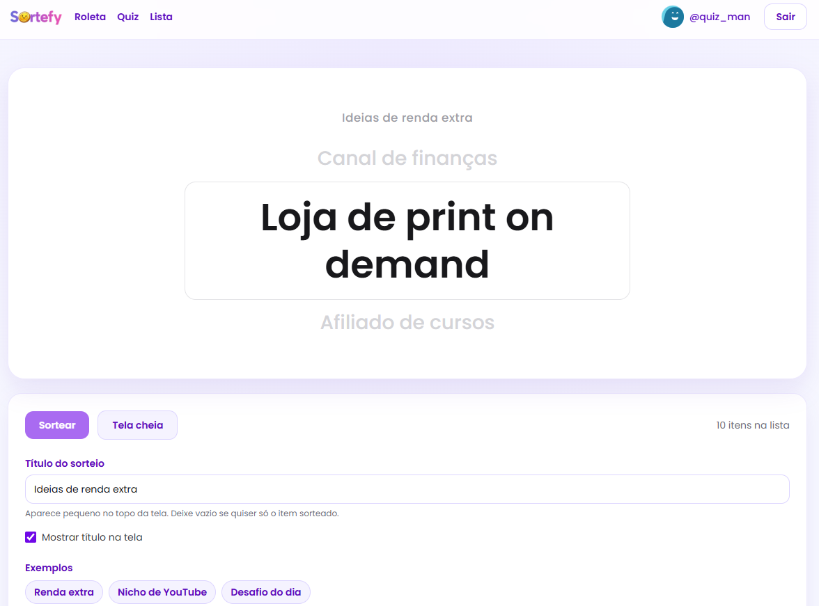 Novo sorteio em lista, em tela cheia